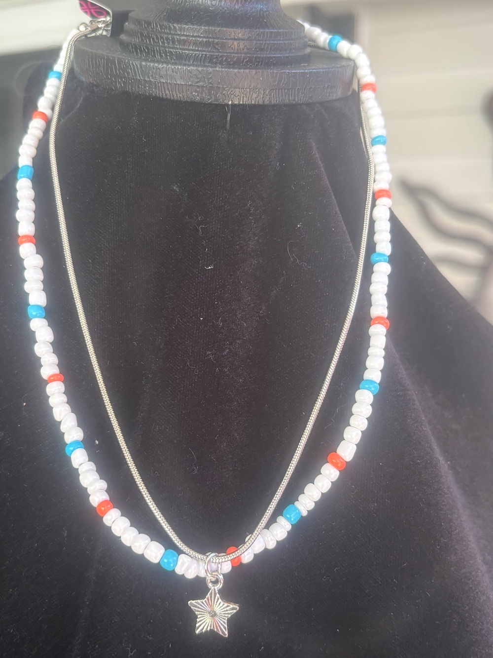 White Pearl Beaded Necklace with Red & Blue Accents and Star Charm